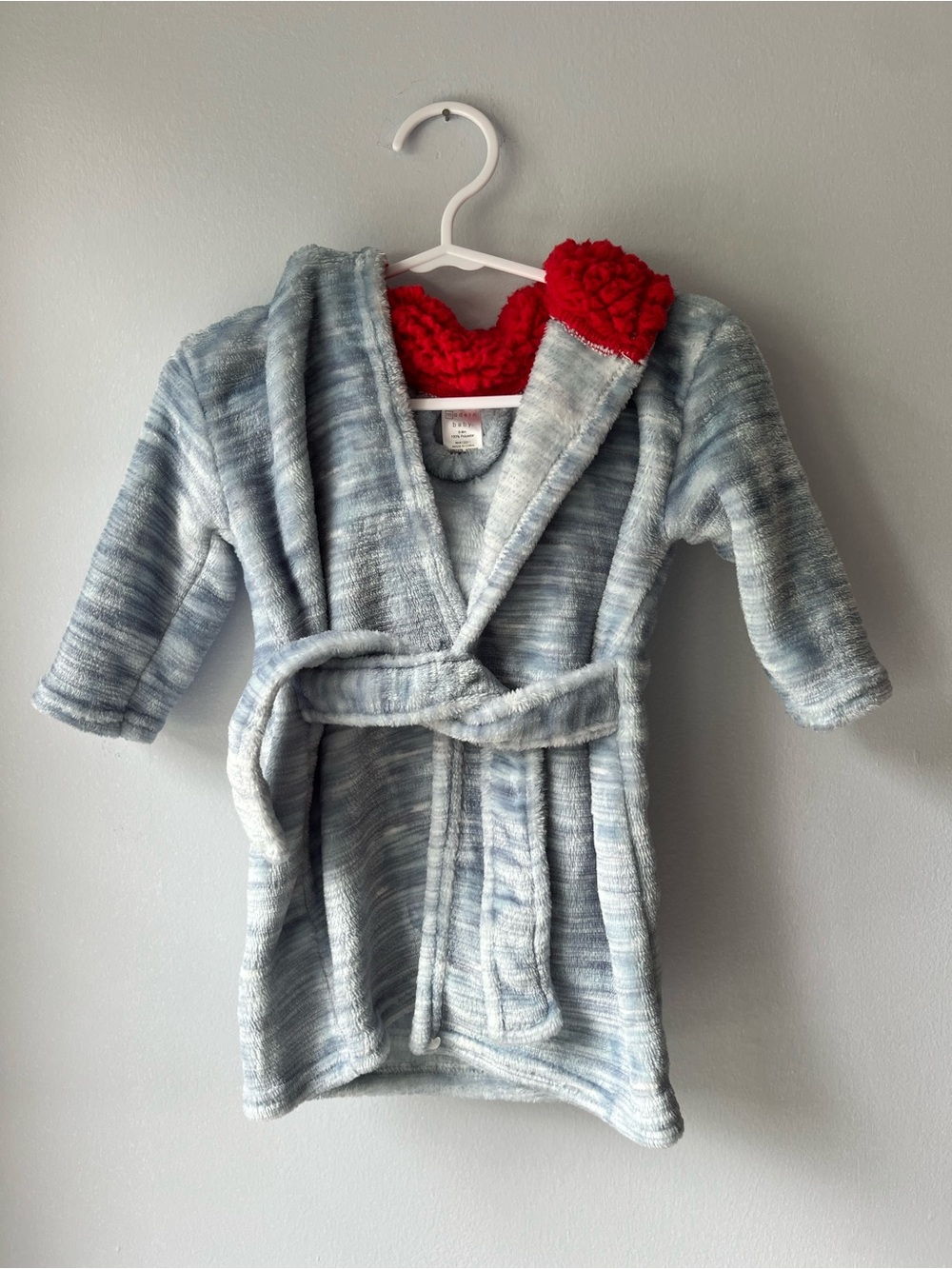 Kids Modern Baby Plush Shark Hooded Bath Robe - Light Blue with Red Trim 0-9M